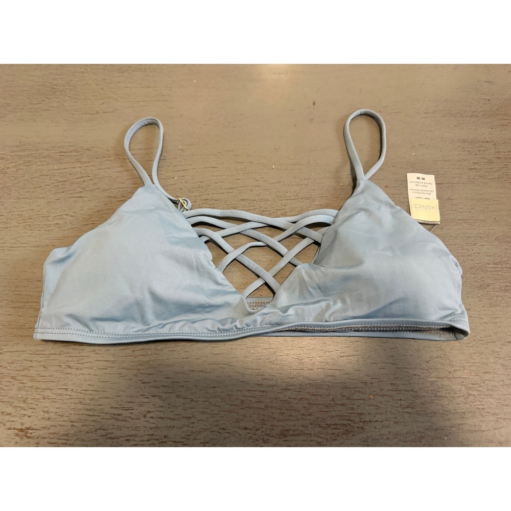 L*Space Wild Side Bikini Top Dusty Blue Strappy Lattice Bralette RN 130061 Med